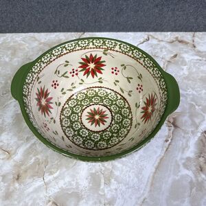 Temptations Old World Red Green 1.5 Qt Serving Dish Bowl w/Handles Poinsettia